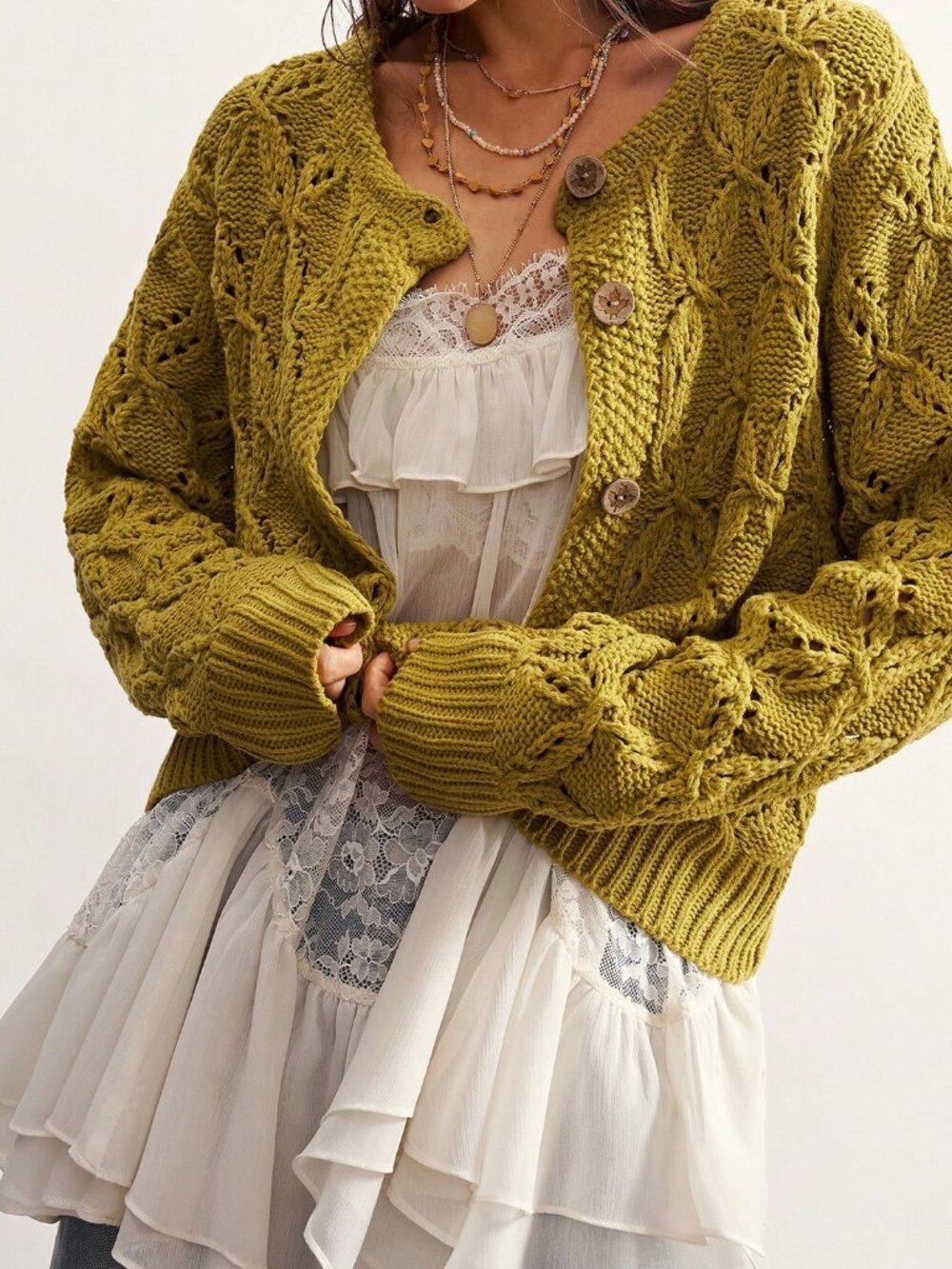 Green Casual Women's Heavy-Duty Hollow Knit Cardigan - Picture 8 of 9